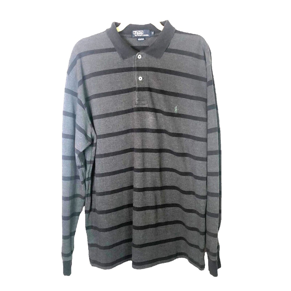 Polo Ralph Lauren Mens Rugby Polo Shirt XL Gray Black Stripe 2 Button Classic